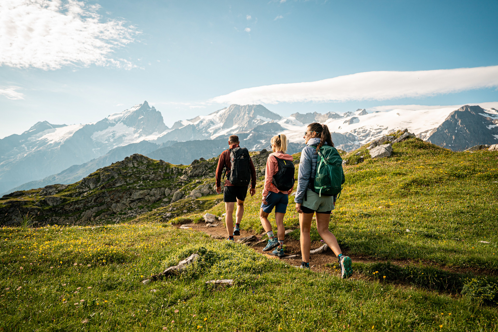 Benjamin Becker Three hikers on an alpine pasture trail facing the glaciers of the Écrins